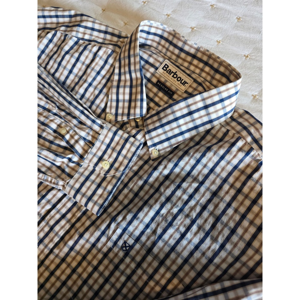 Barbour Mens Regular Fit Check Button Down Shirt Navy Tan White Cotton XL
